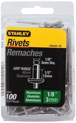 Stanley - Aluminum Color Coded Blind Rivet - Aluminum Mandrel, 3/8" to 1/2" Grip, 1/4" Head Diam, 0.125" to 0.133" Hole Diam, 0.65" Length Under Head, 1/8" Body Diam - Makers Industrial Supply