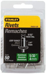 Stanley - Aluminum Color Coded Blind Rivet - Aluminum Mandrel, 0.188" to 1/4" Grip, 5/16" Head Diam, 0.156" to 0.164" Hole Diam, 0.425" Length Under Head, 5/32" Body Diam - Makers Industrial Supply