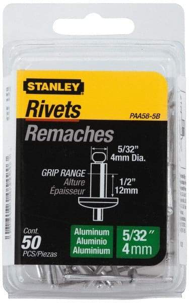 Stanley - Aluminum Color Coded Blind Rivet - Aluminum Mandrel, 3/8" to 1/2" Grip, 5/16" Head Diam, 0.156" to 0.164" Hole Diam, 0.675" Length Under Head, 5/32" Body Diam - Makers Industrial Supply