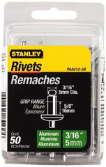 Stanley - Aluminum Color Coded Blind Rivet - Aluminum Mandrel, 1/2" to 5/8" Grip, 3/8" Head Diam, 0.188" to 0.196" Hole Diam, 0.825" Length Under Head, 3/16" Body Diam - Makers Industrial Supply