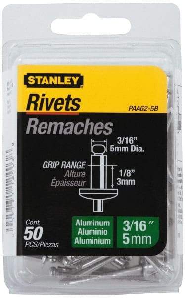 Stanley - Aluminum Color Coded Blind Rivet - Aluminum Mandrel, 0.032" to 1/8" Grip, 3/8" Head Diam, 0.188" to 0.196" Hole Diam, 0.325" Length Under Head, 3/16" Body Diam - Makers Industrial Supply