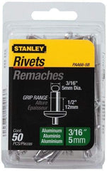 Stanley - Aluminum Color Coded Blind Rivet - Aluminum Mandrel, 3/8" to 1/2" Grip, 3/8" Head Diam, 0.188" to 0.196" Hole Diam, 0.7" Length Under Head, 3/16" Body Diam - Makers Industrial Supply