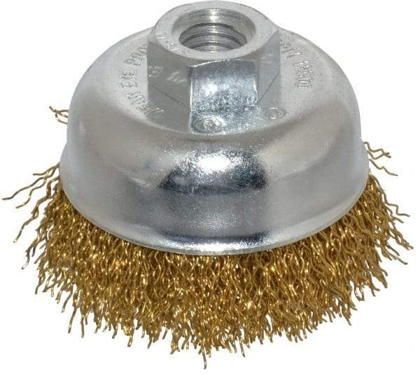 Value Collection - 2-3/4" Diam, 5/8-11 Threaded Arbor, Brass Fill Cup Brush - 0.02 Wire Diam, 7/8" Trim Length, 12,500 Max RPM - Makers Industrial Supply