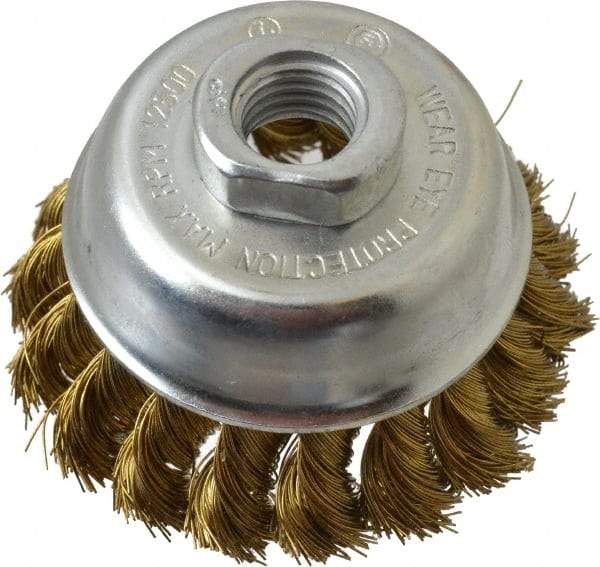Value Collection - 2-3/4" Diam, 5/8-11 Threaded Arbor, Brass Fill Cup Brush - 0.014 Wire Diam, 3/4" Trim Length, 12,500 Max RPM - Makers Industrial Supply
