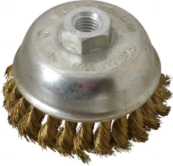 Value Collection - 4" Diam, 5/8-11 Threaded Arbor, Brass Fill Cup Brush - 0.014 Wire Diam, 7/8" Trim Length, 8,500 Max RPM - Makers Industrial Supply