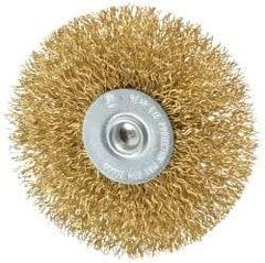 Value Collection - 3" OD, 1/4" Shank Diam, Crimped Brass Wheel Brush - 3/8" Face Width, 7/8" Trim Length, 0.014" Filament Diam, 20,000 RPM - Makers Industrial Supply