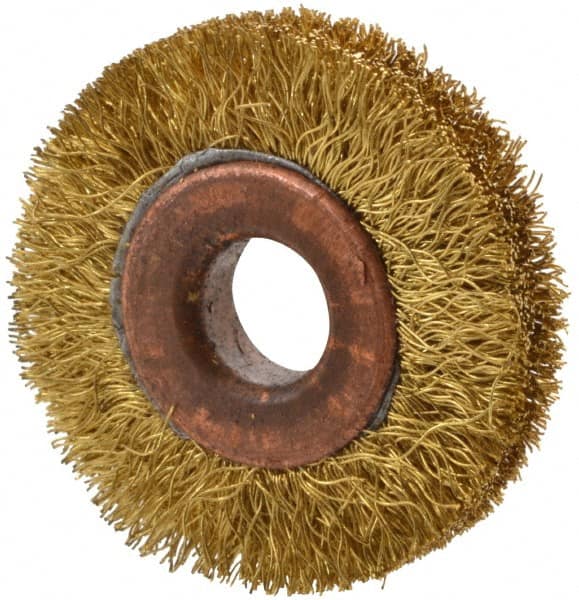 Value Collection - 1-1/2" OD, 3/8" Arbor Hole, Crimped Brass Wheel Brush - 5/16" Face Width, 3/8" Trim Length, 0.008" Filament Diam, 20,000 RPM - Makers Industrial Supply