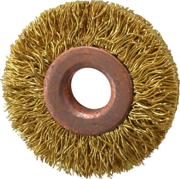 Value Collection - 1-1/2" OD, 3/8" Arbor Hole, Crimped Brass Wheel Brush - 5/16" Face Width, 3/8" Trim Length, 0.014" Filament Diam, 20,000 RPM - Makers Industrial Supply