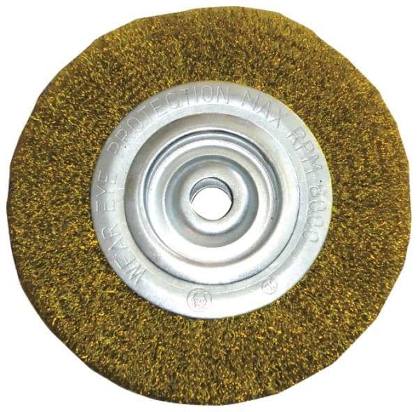 Value Collection - 4" OD, 5/8" Arbor Hole, Crimped Brass Wheel Brush - 1/2" Face Width, 5/8" Trim Length, 0.012" Filament Diam, 6,000 RPM - Makers Industrial Supply