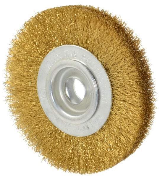 Value Collection - 4" OD, 5/8" Arbor Hole, Crimped Brass Wheel Brush - 1/2" Face Width, 5/8" Trim Length, 0.008" Filament Diam, 6,000 RPM - Makers Industrial Supply