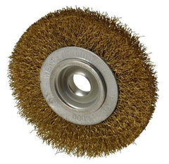 Value Collection - 4" OD, 5/8" Arbor Hole, Crimped Brass Wheel Brush - 1/2" Face Width, 5/8" Trim Length, 0.014" Filament Diam, 6,000 RPM - Makers Industrial Supply