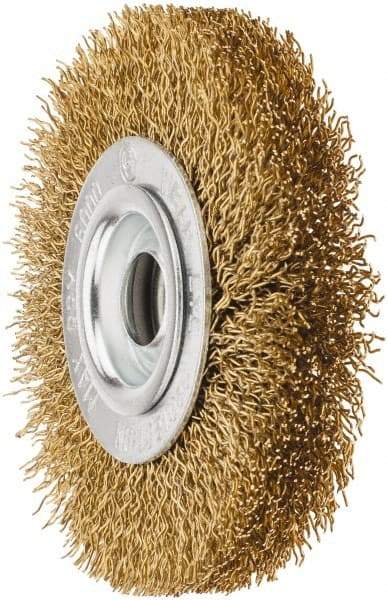 Value Collection - 4" OD, 5/8" Arbor Hole, Crimped Brass Wheel Brush - 1/2" Face Width, 5/8" Trim Length, 0.02" Filament Diam, 6,000 RPM - Makers Industrial Supply