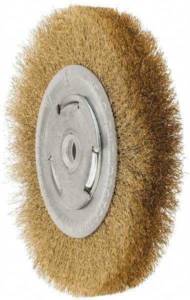 Value Collection - 6" OD, 5/8" Arbor Hole, Crimped Brass Wheel Brush - 1" Face Width, 1-1/8" Trim Length, 0.008" Filament Diam, 6,000 RPM - Makers Industrial Supply