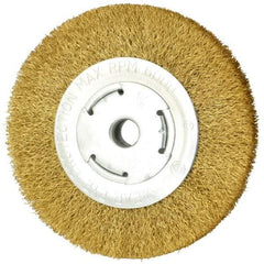 Value Collection - 6" OD, 5/8" Arbor Hole, Crimped Brass Wheel Brush - 1" Face Width, 1-1/8" Trim Length, 0.014" Filament Diam, 6,000 RPM - Makers Industrial Supply