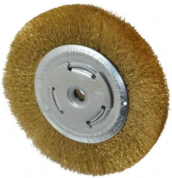 Value Collection - 6" OD, 5/8" Arbor Hole, Crimped Brass Wheel Brush - 1/2" Face Width, 1-1/8" Trim Length, 0.008" Filament Diam, 6,000 RPM - Makers Industrial Supply