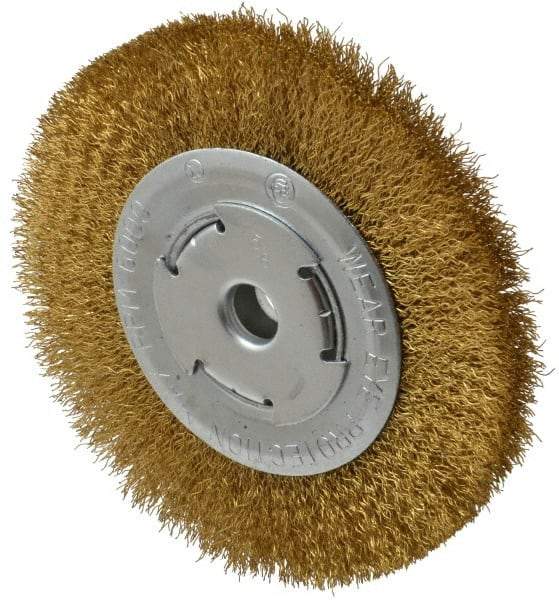 Value Collection - 6" OD, 1/4" Arbor Hole, Crimped Brass Wheel Brush - 1/2" Face Width, 1-1/8" Trim Length, 0.012" Filament Diam, 6,000 RPM - Makers Industrial Supply