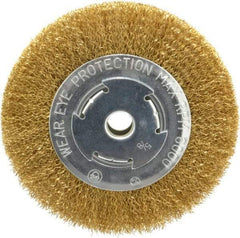 Value Collection - 6" OD, 5/8" Arbor Hole, Crimped Brass Wheel Brush - 1/2" Face Width, 1-1/8" Trim Length, 0.014" Filament Diam, 6,000 RPM - Makers Industrial Supply