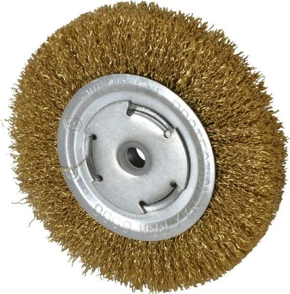 Value Collection - 6" OD, 5/8" Arbor Hole, Crimped Brass Wheel Brush - 1/2" Face Width, 1-1/8" Trim Length, 0.02" Filament Diam, 6,000 RPM - Makers Industrial Supply