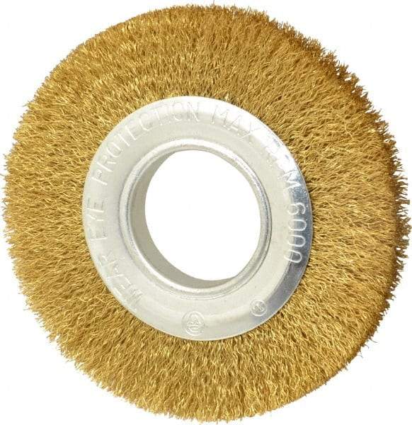 Value Collection - 6" OD, 1/4" Arbor Hole, Crimped Brass Wheel Brush - 7/8" Face Width, 1-1/8" Trim Length, 0.012" Filament Diam, 6,000 RPM - Makers Industrial Supply