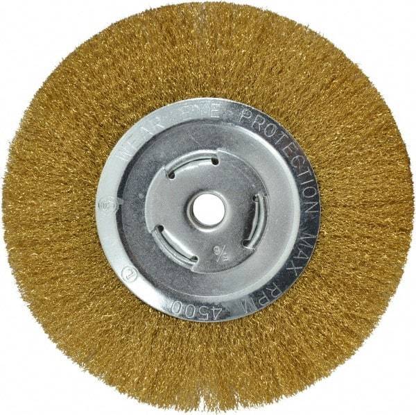 Value Collection - 8" OD, 5/8" Arbor Hole, Crimped Brass Wheel Brush - 1/2" Face Width, 1-3/4" Trim Length, 0.008" Filament Diam, 4,500 RPM - Makers Industrial Supply