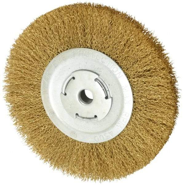 Value Collection - 8" OD, 5/8" Arbor Hole, Crimped Brass Wheel Brush - 1/2" Face Width, 1-3/4" Trim Length, 0.02" Filament Diam, 4,500 RPM - Makers Industrial Supply