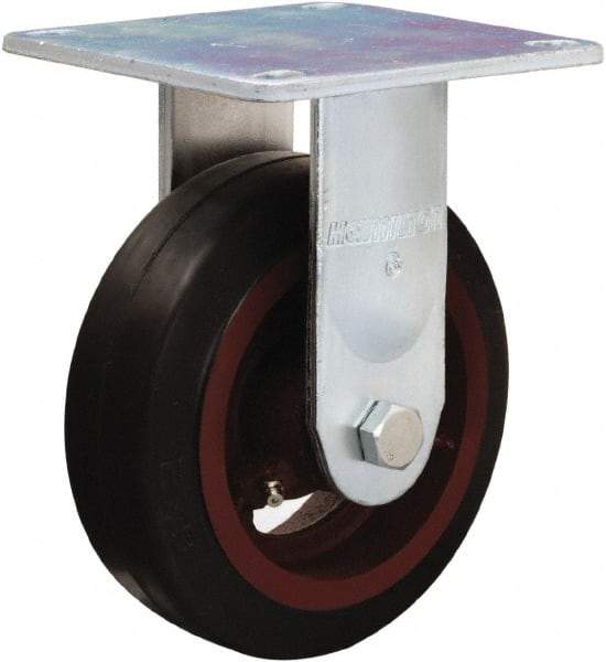 Hamilton - 6" Diam x 2" Wide x 7-1/2" OAH Top Plate Mount Rigid Caster - Rubber Mold on Cast Iron, 410 Lb Capacity, Straight Roller Bearing, 5 x 5-1/2" Plate - Makers Industrial Supply