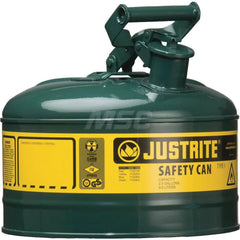 Justrite - Safety Dispensing Cans; Capacity: 1 Gal. ; Material: Steel ; Color: Green ; Height (Decimal Inch): 11.000000 ; Diameter/Length (mm): 9.50 ; Approval Listing/Regulations: FM Approved; UL; ULC; TUV - Exact Industrial Supply