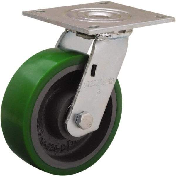 Hamilton - 6" Diam x 2" Wide x 7-1/2" OAH Top Plate Mount Swivel Caster - Polyurethane Mold onto Cast Iron Center, 900 Lb Capacity, Sealed Precision Ball Bearing, 5 x 5-1/2" Plate - Makers Industrial Supply