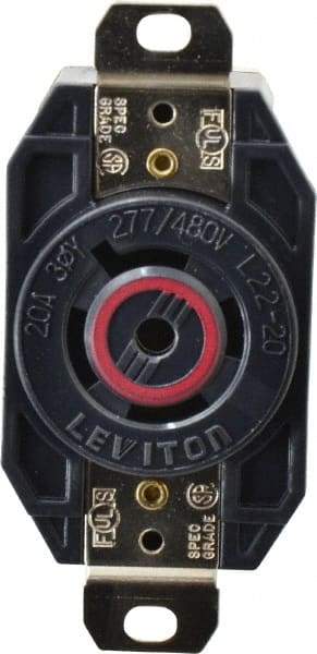 Leviton - 277/480 VAC, 20 Amp, L22-20R NEMA, Self Grounding Receptacle - 4 Poles, 5 Wire, Female End, Black - Makers Industrial Supply