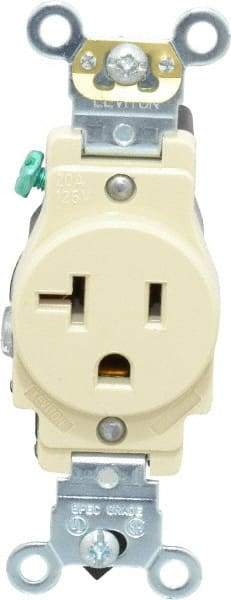 Leviton - 125 VAC, 20 Amp, 5-20R NEMA Configuration, Ivory, Industrial Grade, Self Grounding Single Receptacle - 1 Phase, 2 Poles, 3 Wire, Flush Mount, Impact and Tamper Resistant - Makers Industrial Supply