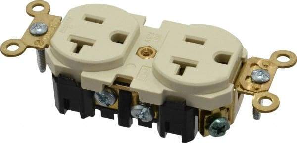 Leviton - 125 VAC, 20 Amp, 5-20R NEMA Configuration, Ivory, Industrial Grade, Self Grounding Duplex Receptacle - 1 Phase, 2 Poles, 3 Wire, Flush Mount, Impact and Tamper Resistant - Makers Industrial Supply