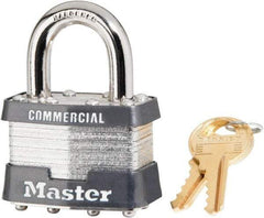 Master Lock - 15/16" Shackle Clearance, Keyed Alike Laminated Steel Padlock - 5/16" Shackle Diam, Steel - Makers Industrial Supply