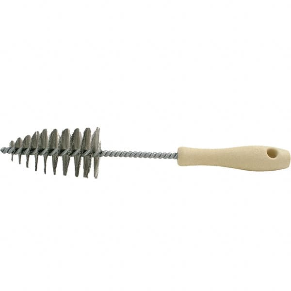 Brush Research Mfg. - 2.05" Diam Helical Stainless Steel Tube Brush - Single Spiral, 0.006" Filament Diam, 3-5/8" Brush Length, 12" OAL, 0.292" Diam Plastic Handle Shank - Makers Industrial Supply