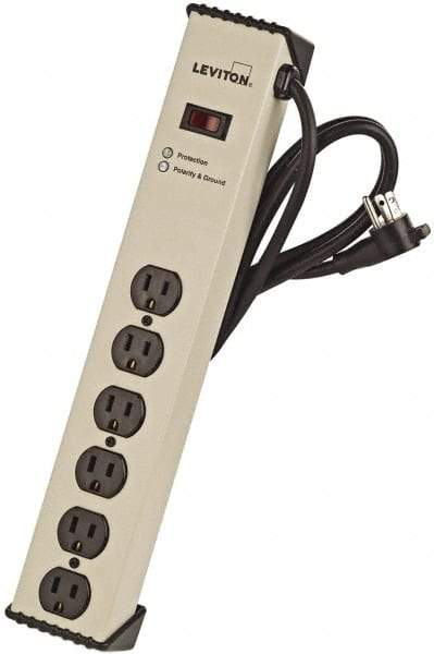 Leviton - 6 Outlets, 125 Volts, 15 Amps, 6' Cord, Power Outlet Strip - Free Hanging Mount, 5-15R NEMA Configuration, 15.73" Strip, cULus, UL Listed File 1449 - Makers Industrial Supply