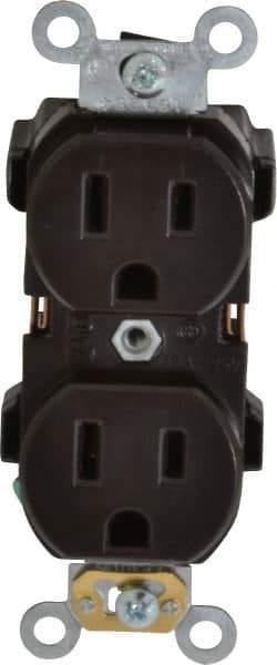 Leviton - 125 VAC, 15 Amp, 5-15R NEMA Configuration, Brown, Industrial Grade, Self Grounding Duplex Receptacle - 1 Phase, 2 Poles, 3 Wire, Flush Mount, Impact Resistant - Makers Industrial Supply