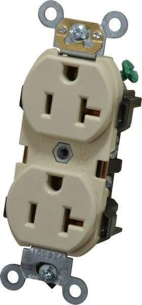 Leviton - 125 VAC, 20 Amp, 5-20R NEMA Configuration, Ivory, Industrial Grade, Self Grounding Duplex Receptacle - 1 Phase, 2 Poles, 3 Wire, Flush Mount, Impact and Tamper Resistant - Makers Industrial Supply