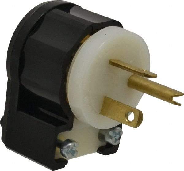 Leviton - 250 VAC, 20 Amp, 6-20P NEMA, Angled, Self Grounding, Industrial Grade Plug - 2 Pole, 3 Wire, 1 Phase, Nylon, Black, White - Makers Industrial Supply