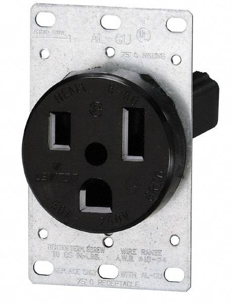 Leviton - 250 VAC, 50 Amp, 15-50R NEMA Configuration, Black, Industrial Grade, Self Grounding Single Receptacle - 3 Phase, 3 Poles, 4 Wire, Flush Mount, Tamper Resistant - Makers Industrial Supply