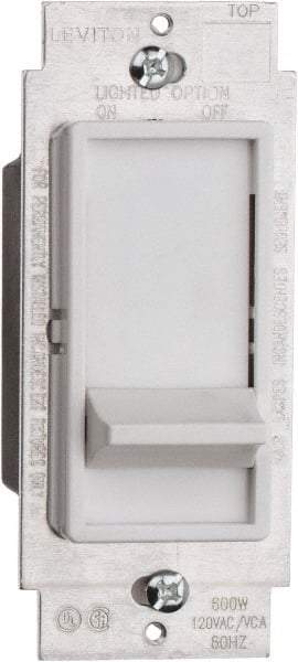 Leviton - 1 Pole, 120 VAC, 60 Hz, 600 Watt, Residential Grade, Slide Switch, Wall and Dimmer Light Switch - 1.73 Inch Wide x 4.13 Inch High, Incandescent - Makers Industrial Supply