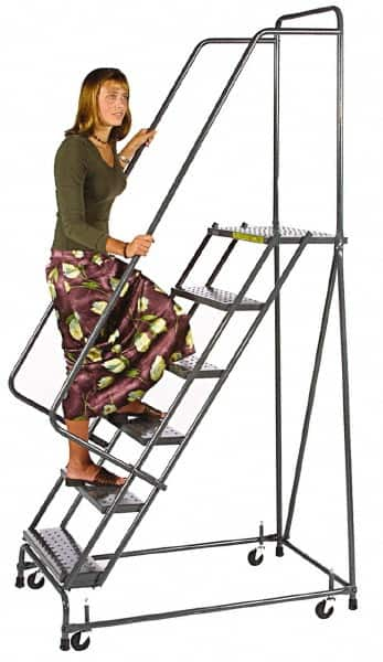 Ballymore - 73" 4 Step Ladder - Spring Loaded Rolling Safety Ladder, 450 Lb Capacity, 38" Platform Height, 20" Base Width x 35" Depth, Expanded Metal Tread - Makers Industrial Supply