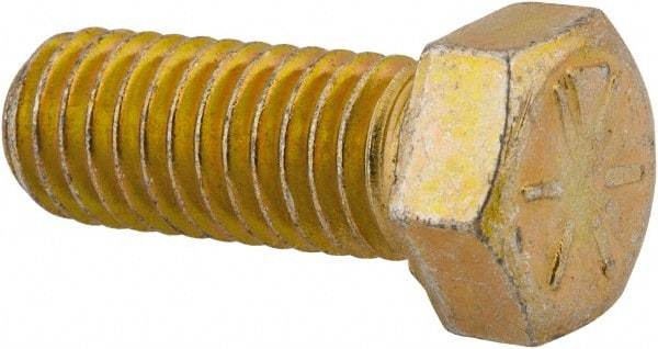 Made in North America - 7/16-14 UNC, 1-1/8" Length Under Head Hex Head Cap Screw - Fully Threaded, Grade 8 Alloy Steel, Zinc Yellow Dichromate Finish, 5/8" Hex - Makers Industrial Supply