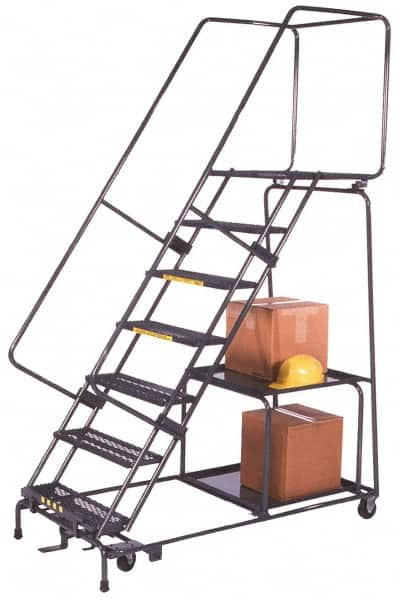 Ballymore - 103" 7 Step Ladder - Safety Stock Picking Ladder, 450 Lb Capacity, 70" Platform Height, 30" Base Width x 61" Depth, Expanded Metal Tread - Makers Industrial Supply