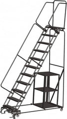 Ballymore - 143" 11 Step Ladder - Safety Stock Picking Ladder, 450 Lb Capacity, 110" Platform Height, 32" Base Width x 80" Depth, Perforated Tread - Makers Industrial Supply