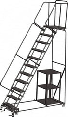 Ballymore - 143" 11 Step Ladder - Safety Stock Picking Ladder, 450 Lb Capacity, 110" Platform Height, 32" Base Width x 87" Depth, Perforated Tread - Makers Industrial Supply