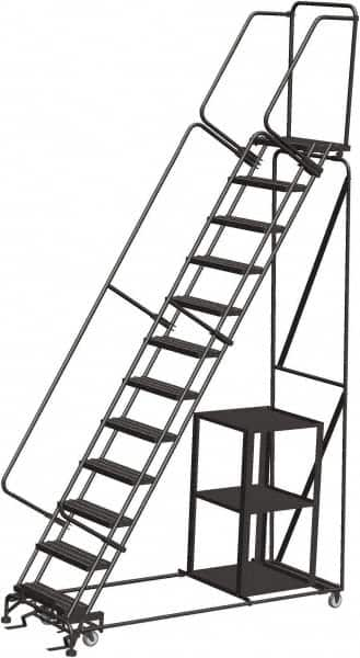 Ballymore - 153" 12 Step Ladder - Safety Stock Picking Ladder, 450 Lb Capacity, 120" Platform Height, 32" Base Width x 87" Depth, Expanded Metal Tread - Makers Industrial Supply