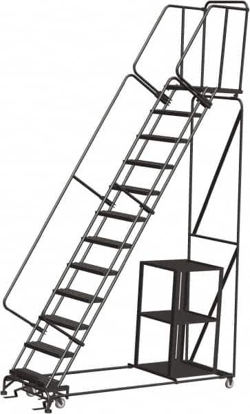 Ballymore - 153" 12 Step Ladder - Safety Stock Picking Ladder, 450 Lb Capacity, 120" Platform Height, 32" Base Width x 93" Depth, Perforated Tread - Makers Industrial Supply