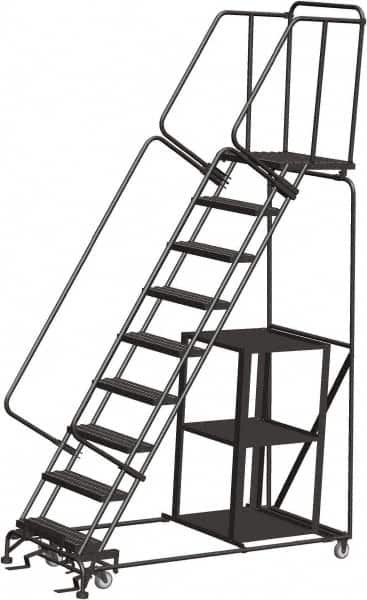 Ballymore - 123" 9 Step Ladder - Safety Stock Picking Ladder, 450 Lb Capacity, 90" Platform Height, 32" Base Width x 74" Depth, Expanded Metal Tread - Makers Industrial Supply