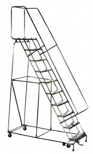 Ballymore - 143" 11 Step Ladder - Rolling Safety Ladder, 450 Lb Capacity, 110" Platform Height, 32" Base Width x 80" Depth, Perforated Tread - Makers Industrial Supply