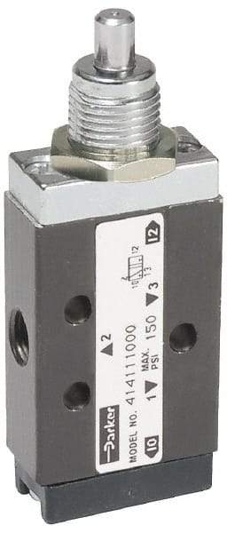 Parker - 0.20 CV Rate, 1/8" NPT Inlet Direct Air 2 Mechanical Spool Valve - 3 Way, 2 Position, 150 Max psi, Plunger Spring Return - Makers Industrial Supply