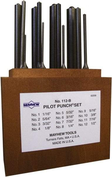 Mayhew - 12 Piece, 1/16 to 1/2", Roll Pin Punch Set - Round Shank, Alloy Steel, Comes in Wood Box - Makers Industrial Supply